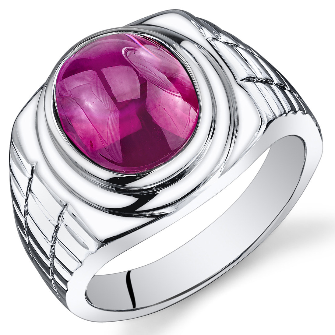 Mens 8 cts Oval Cabochon Ruby Sterling Silver Ring Diamond Bar