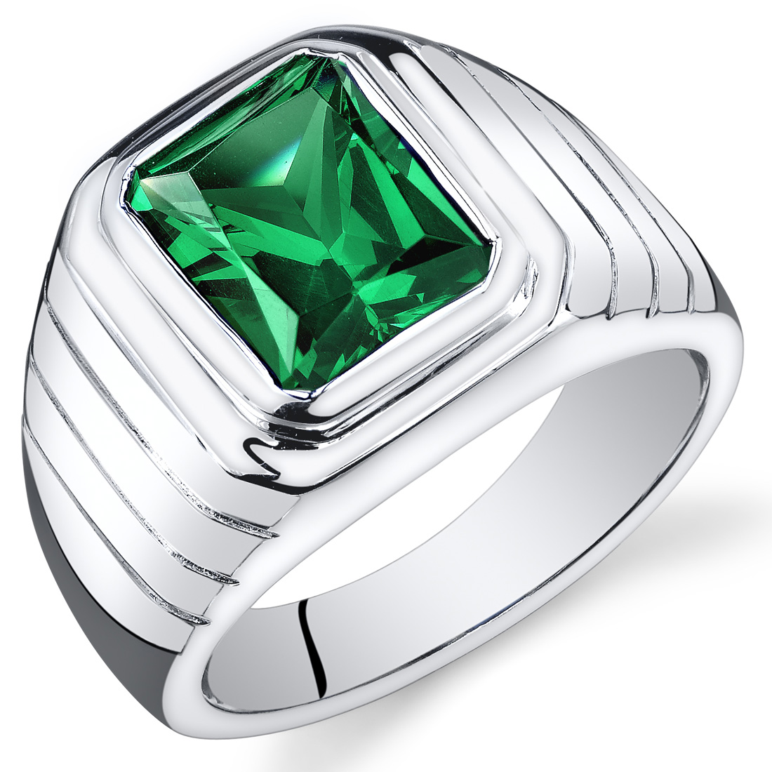 Mens 5.5 cts Octagon Cut Emerald Sterling Silver Ring Sizes 8 To 13